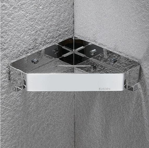 Stainless steel SUS304 corner shower shelf for bathroom storage, mounted on textured gray wall