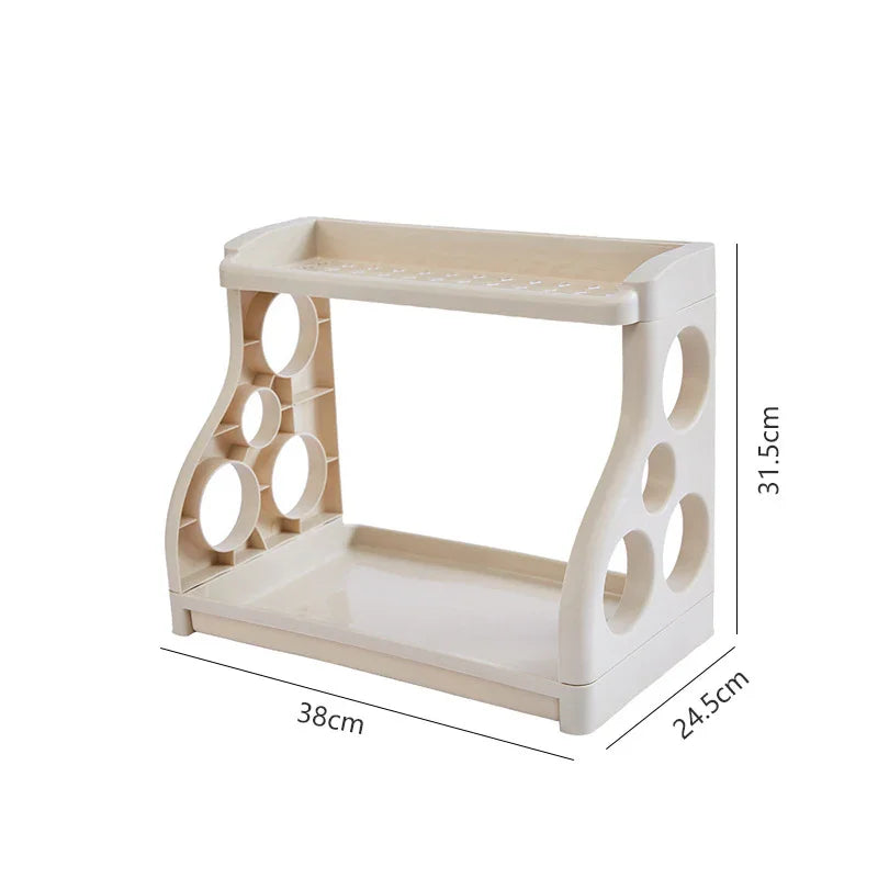 Beige plastic kitchen organizer with 2 tiers, cup holders, and dimensions 38x24.5x31.5cm for countertop storage