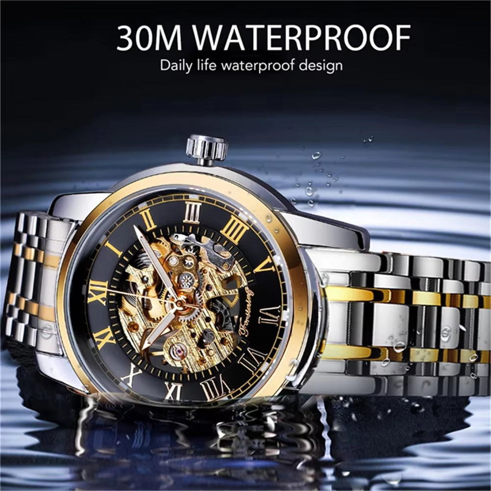 349 Men'S Mechanical Watch Business round Skeleton Silvery Black Stainless Steel Manual Wrist Watches for Male Clock