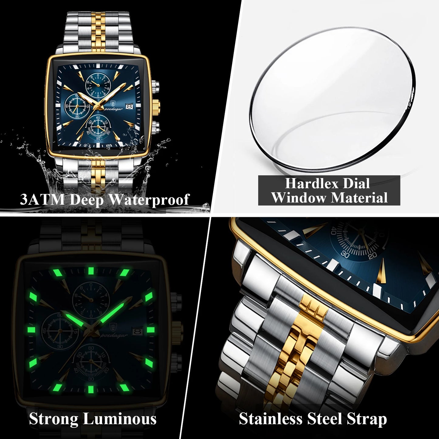 Fashion Men Watch Luminous Waterproof Chronograph Date Man Wristwatch Square Stainless Steel Quartz Men'S Watches Reloj