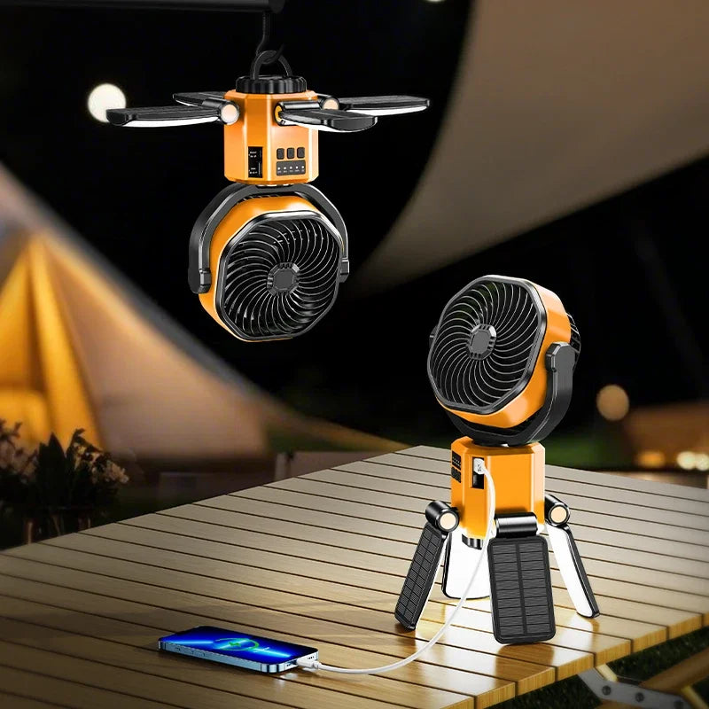 Camping Solar Fan with 6000Mah Battery Powered Tent Camp Fan with Light 4 Speed Wind Adjustable Air Cooling Fan for Outdoor