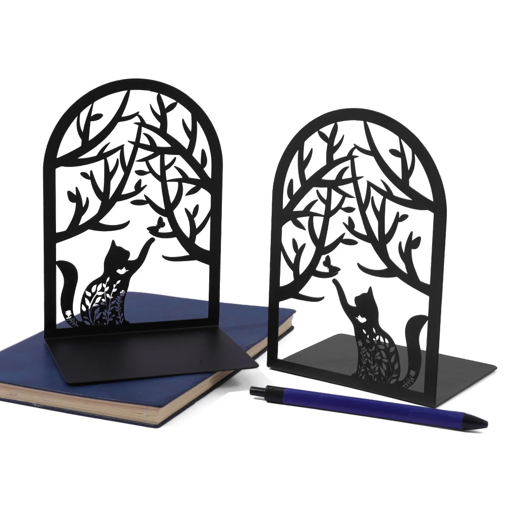 Creative Black Metal Book Stand - Arched with Animal and Floral Outlines (Dog, Cat, Hummingbird), Sturdy Desktop Organizer.