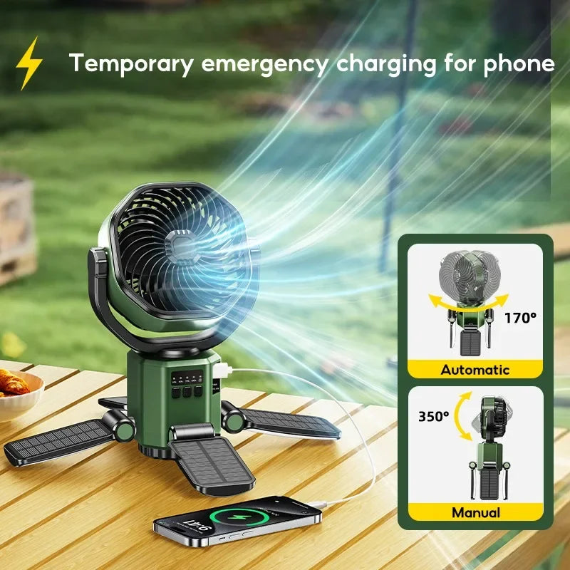 Camping Solar Fan with 6000Mah Battery Powered Tent Camp Fan with Light 4 Speed Wind Adjustable Air Cooling Fan for Outdoor
