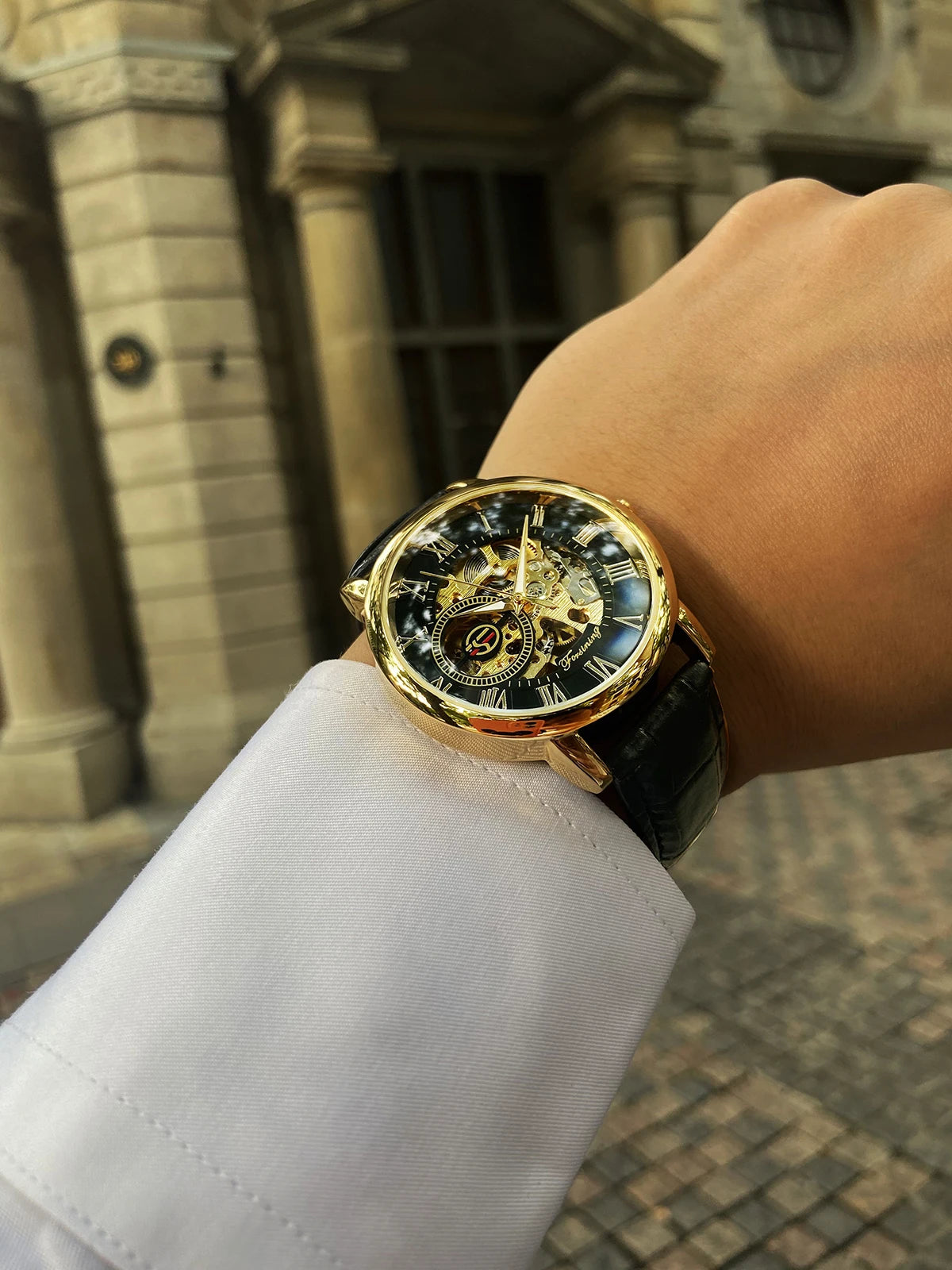 3D Logo Design Hollow Engraving Black Golden Case Leather Skeleton Mechanical Watches Men Luxury Brand Heren Horloge