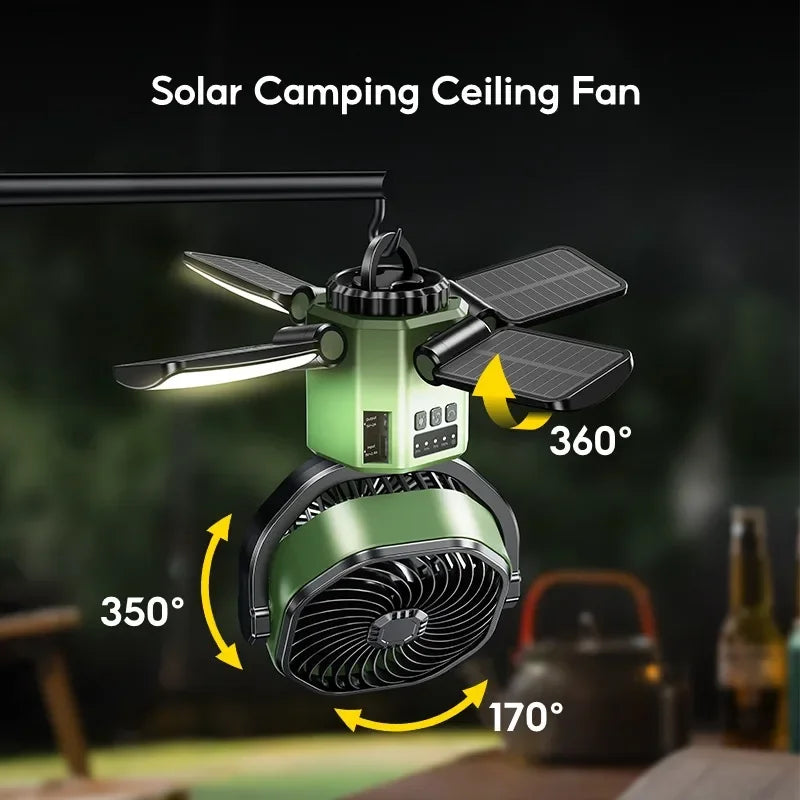 Camping Solar Fan with 6000Mah Battery Powered Tent Camp Fan with Light 4 Speed Wind Adjustable Air Cooling Fan for Outdoor