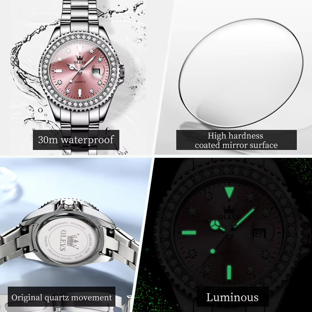 9945 Top Brand Original Quartz Watch for Women Luxury Diamond Lap Calendar Hand Clock Stainless Steel Ladies Wristwatches