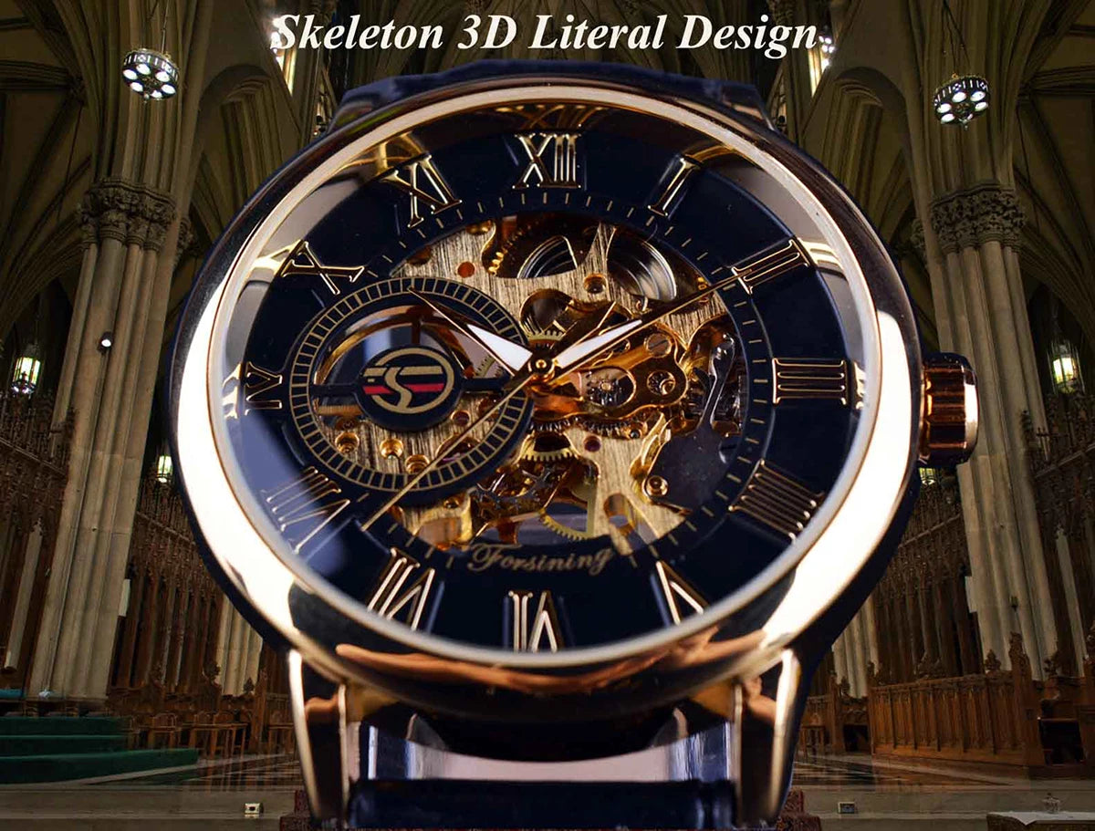 3D Logo Design Hollow Engraving Black Golden Case Leather Skeleton Mechanical Watches Men Luxury Brand Heren Horloge