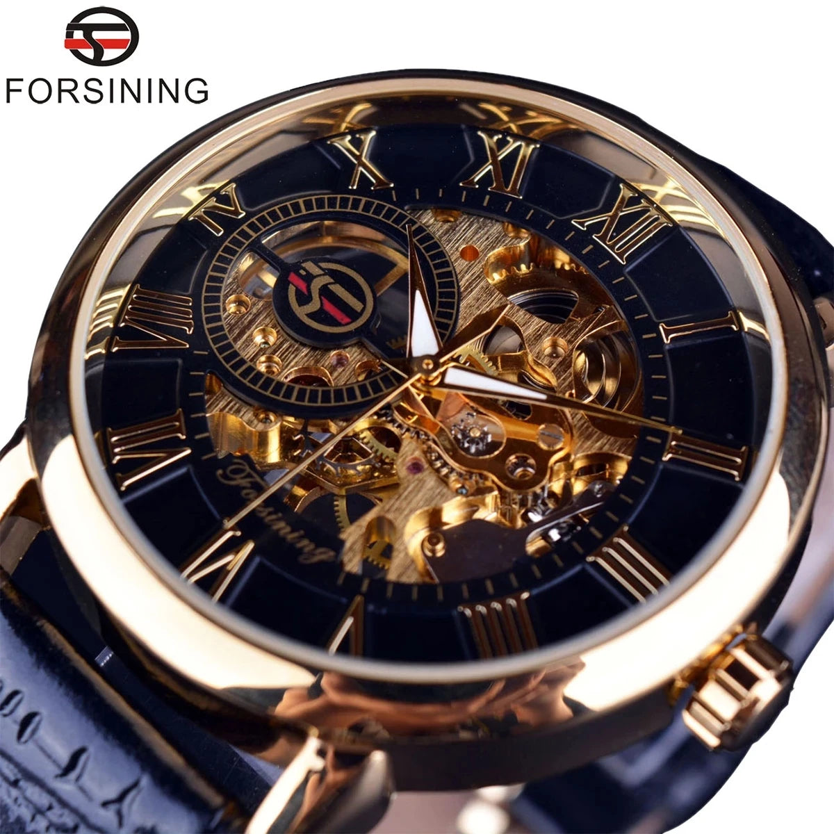 3D Logo Design Hollow Engraving Black Golden Case Leather Skeleton Mechanical Watches Men Luxury Brand Heren Horloge
