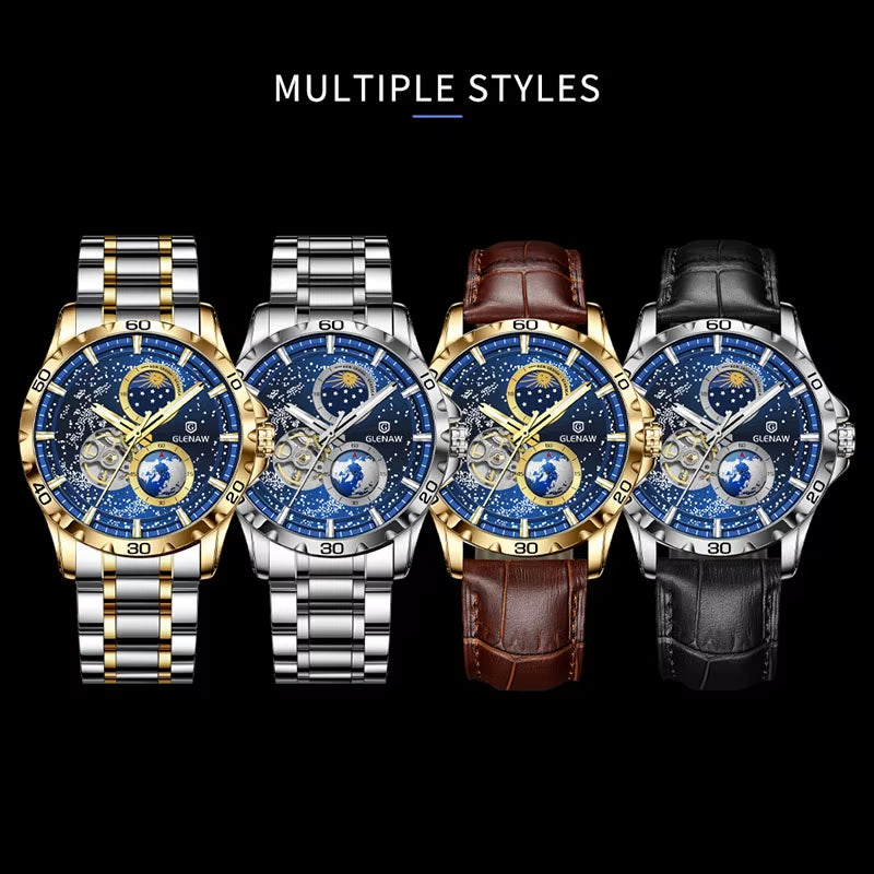 New Men'S Automatic Watches Skeleton Starry Sky Moon Phase Luminous Waterproof Stainless Steel Mechanical Watch for Men