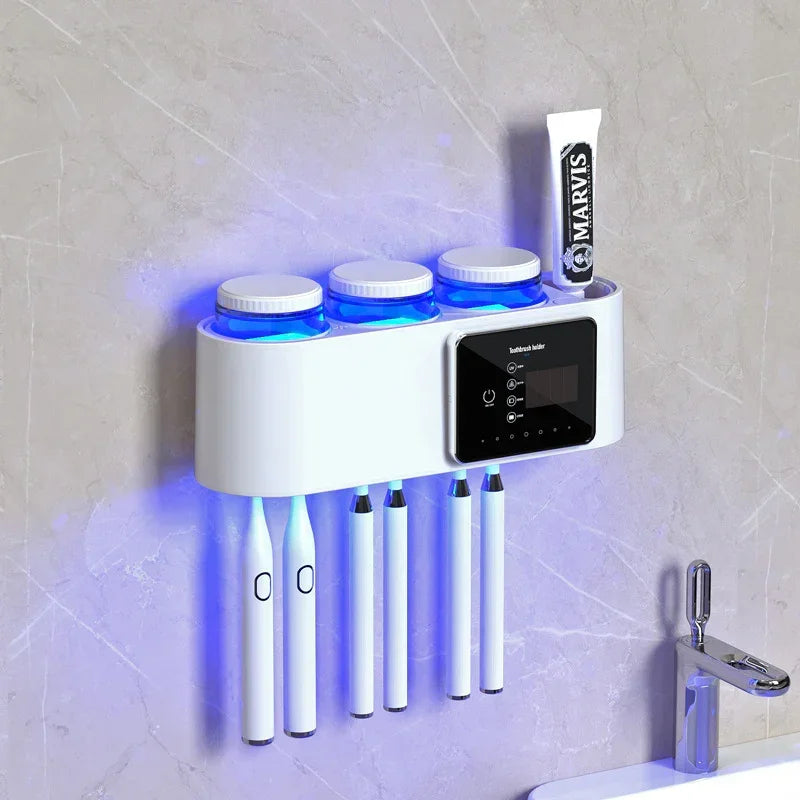 UV Sanitizing Toothbrush Holder with 6 Slots & Digital Display, Wall-Mounted Bathroom Organizer