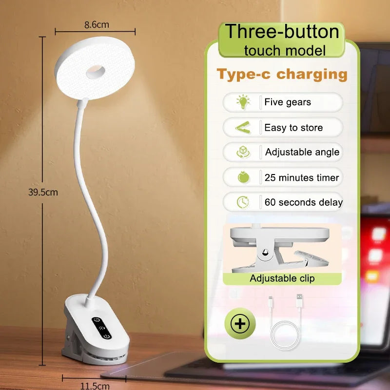 Clip-On Desk Lamp Portable LED Desk Lamp Desktop Book Lamp Timed Stepless Dimming 1200 Mah Eye Protection Reading Study Lamp