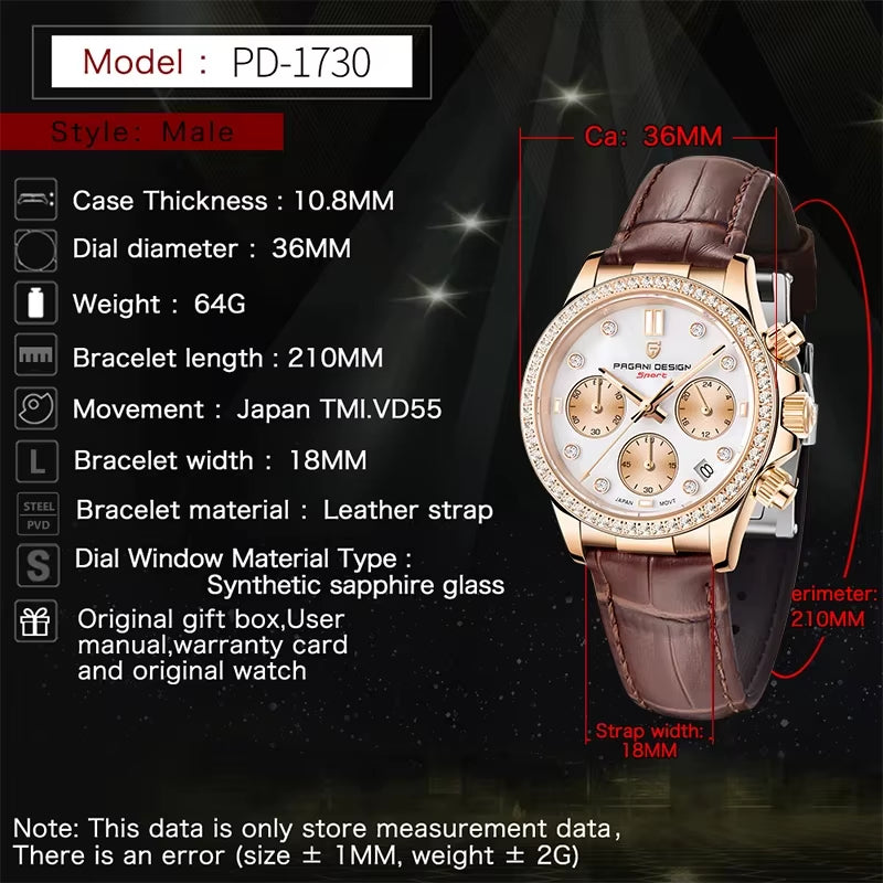 Women'S Automatic Quartz Watch Luxury Sapphire Glass Leather Waterproof Watch Multifunctional Chronometer Women