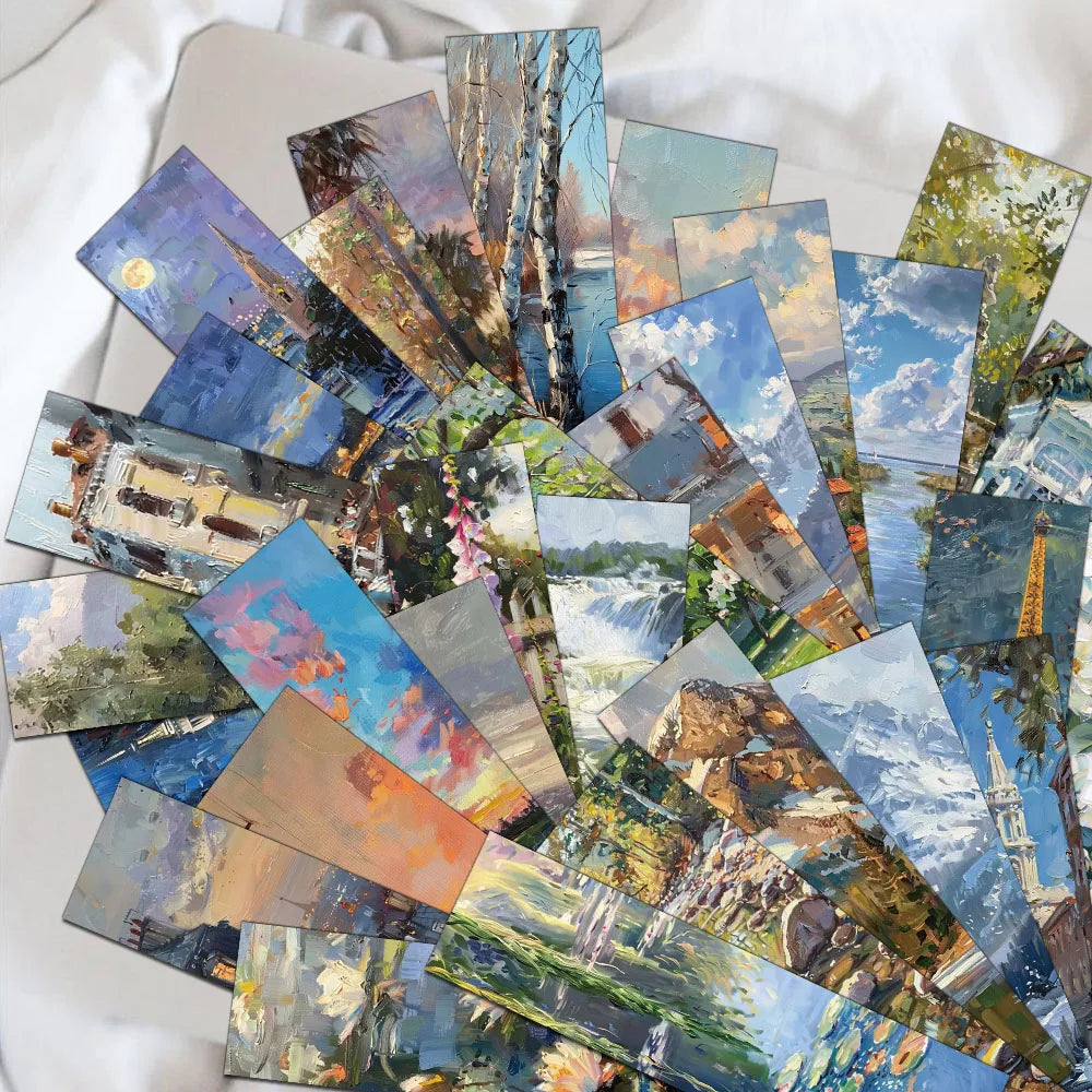 30/60PCS Oil Painting Landscape High Beauty Creative Bookmarks Ins Style Niche Novels Calligraphy and Painting Books Label Cards