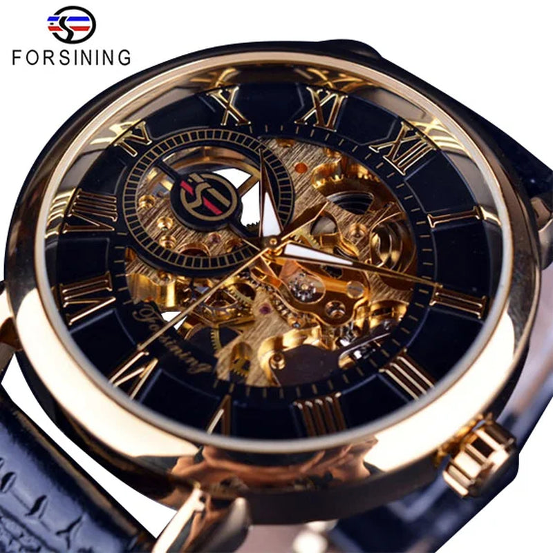 3D Logo Design Hollow Engraving Black Golden Case Leather Skeleton Mechanical Watches Men Luxury Brand Heren Horloge