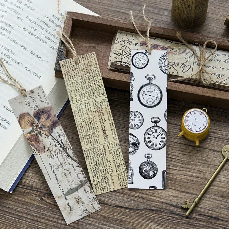 Vintage-style bookmarks with pocket watch and floral designs, perfect for book lovers and Greek sourcing enthusiasts.