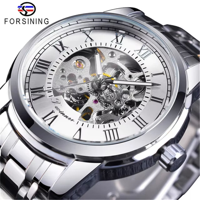 349 Men'S Mechanical Watch Business round Skeleton Silvery Black Stainless Steel Manual Wrist Watches for Male Clock