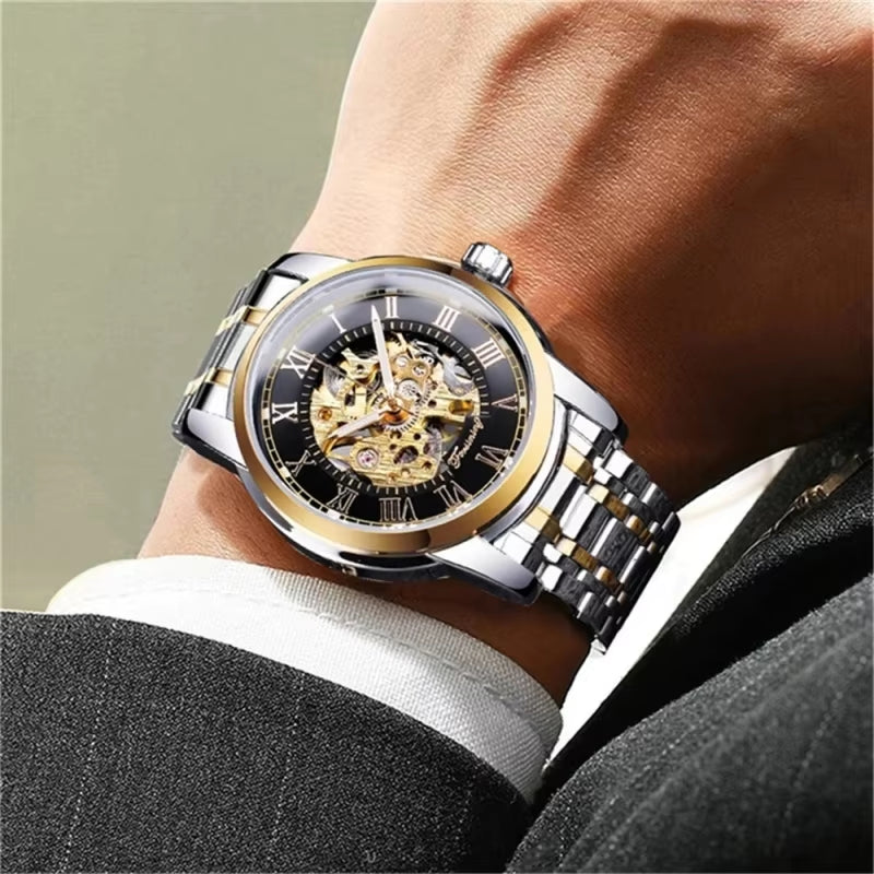 349 Men'S Mechanical Watch Business round Skeleton Silvery Black Stainless Steel Manual Wrist Watches for Male Clock