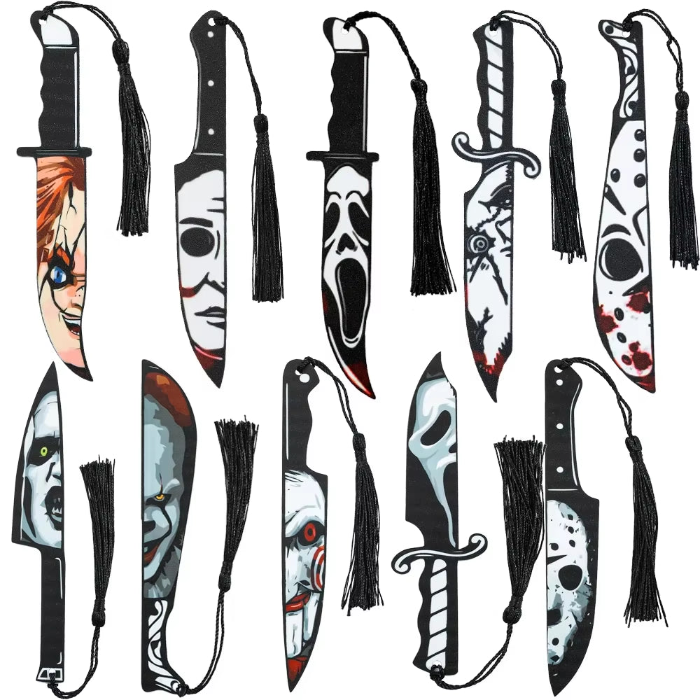 1Pcs Horror Knife Clear Acrylic Bookmark with Tassel, Halloween Themed Series Chopper Saw with Blood, Halloween for Bookworms