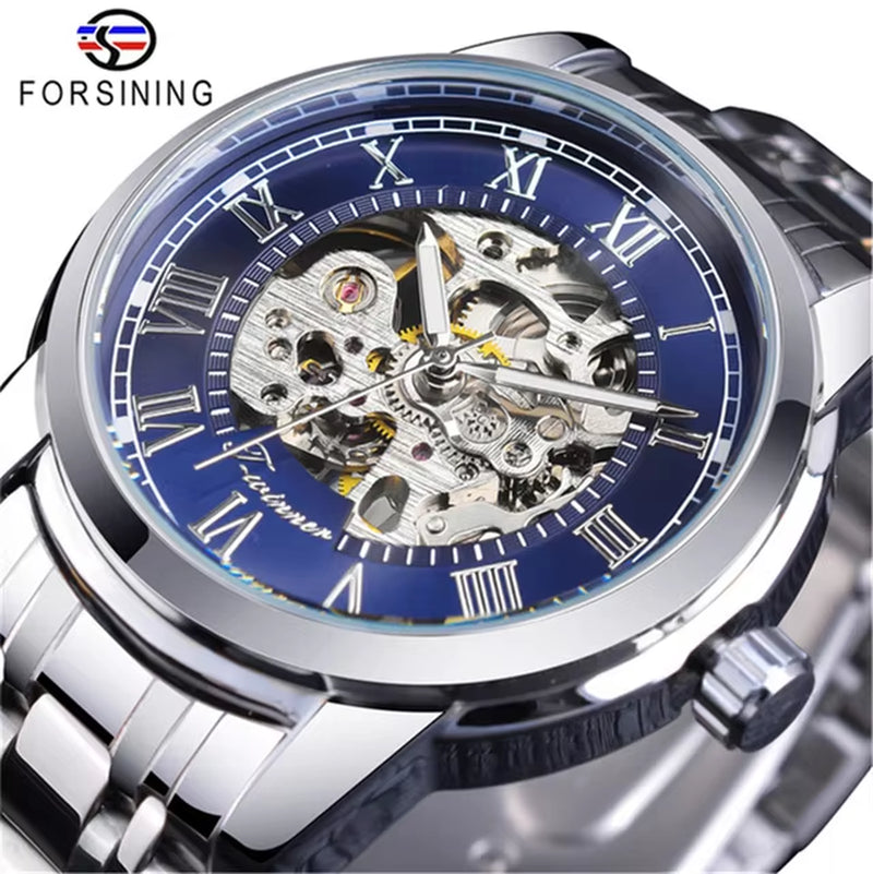349 Men'S Mechanical Watch Business round Skeleton Silvery Black Stainless Steel Manual Wrist Watches for Male Clock