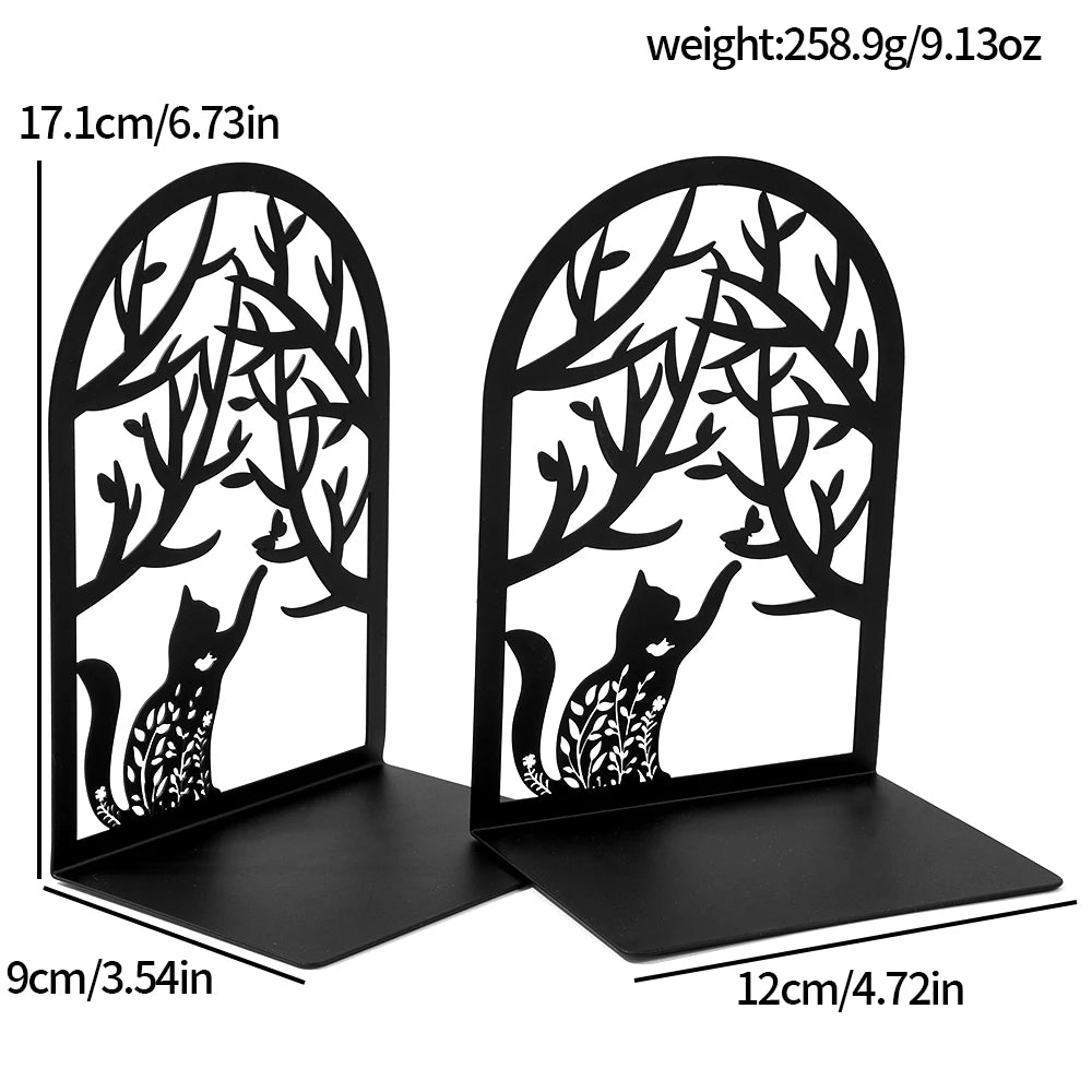 Creative Black Metal Book Stand - Arched with Animal and Floral Outlines (Dog, Cat, Hummingbird), Sturdy Desktop Organizer.