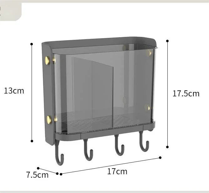 Gray wall-mounted organizer with hooks, 17.5cm height, for kitchen or bathroom storage