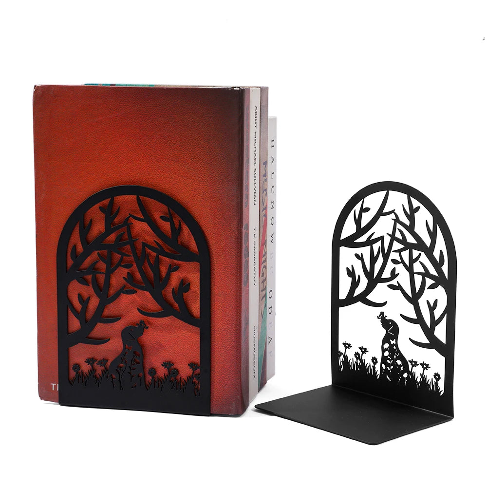 Creative Black Metal Book Stand - Arched with Animal and Floral Outlines (Dog, Cat, Hummingbird), Sturdy Desktop Organizer.
