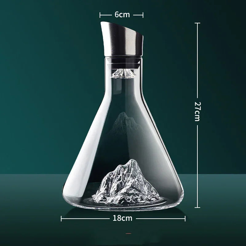 Clear glass decanter with 3D mountain design, 27cm tall, stainless steel lid, modern home decor