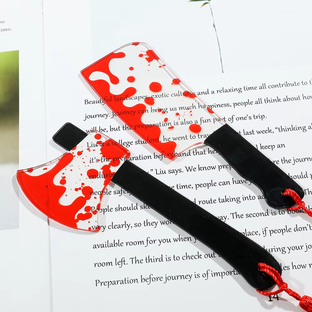 1Pcs Horror Knife Clear Acrylic Bookmark with Tassel, Halloween Themed Series Chopper Saw with Blood, Halloween for Bookworms