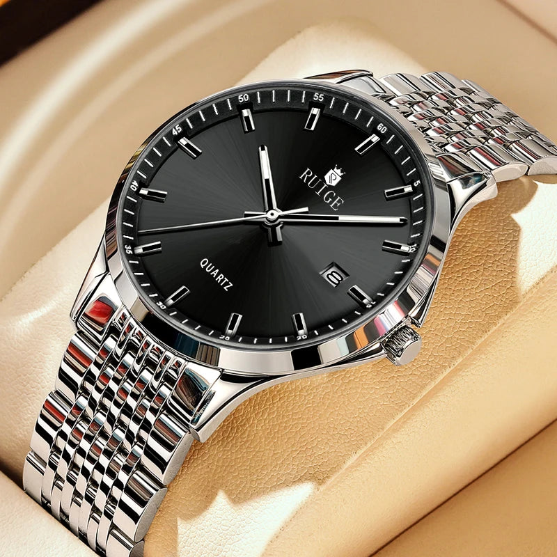 RUIGE Business Men'S Quartz Watch Stainless Steel Calendar Men'S Night Light Waterproof Fashion Versatile Watch B2-2