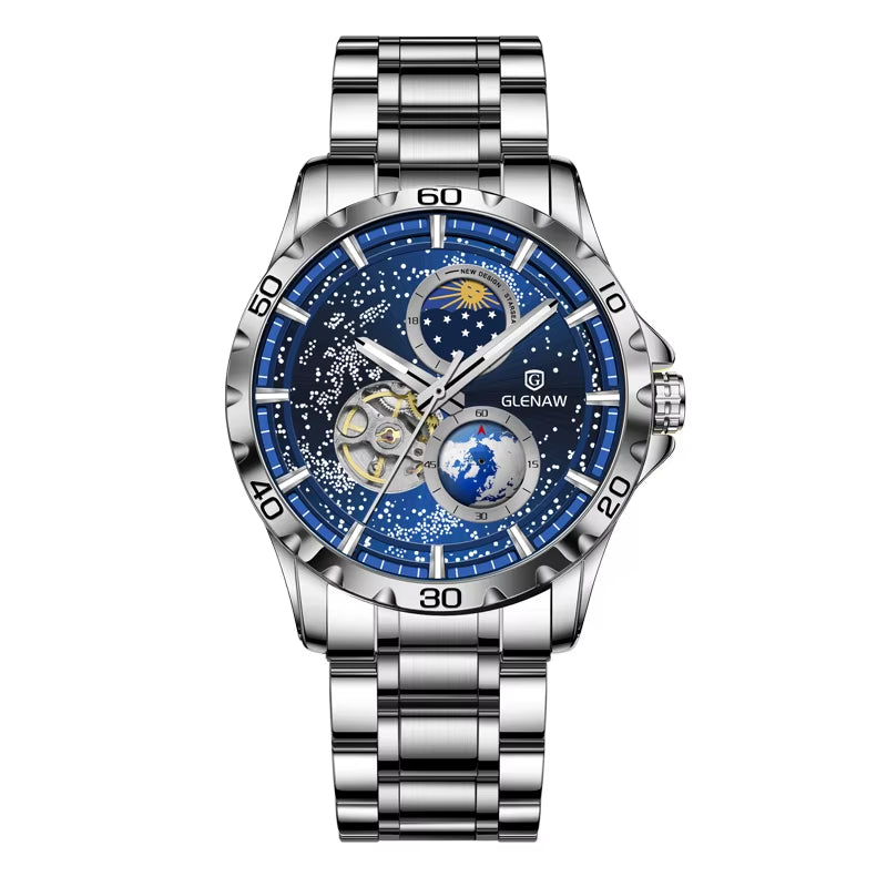 New Men'S Automatic Watches Skeleton Starry Sky Moon Phase Luminous Waterproof Stainless Steel Mechanical Watch for Men
