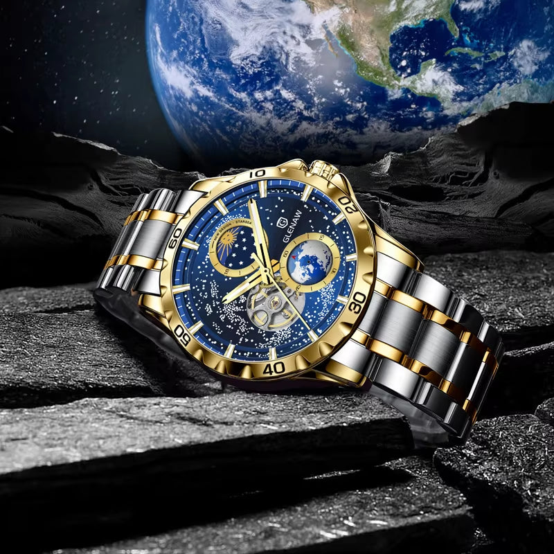 New Men'S Automatic Watches Skeleton Starry Sky Moon Phase Luminous Waterproof Stainless Steel Mechanical Watch for Men