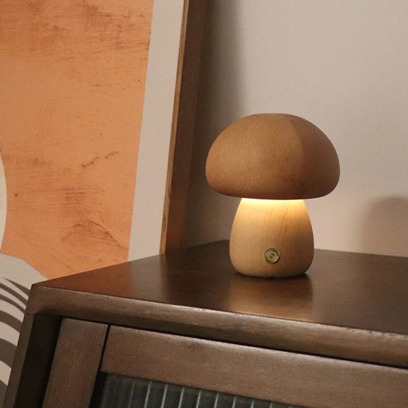 Wooden mushroom night light on bedside table, warm glow, natural design
