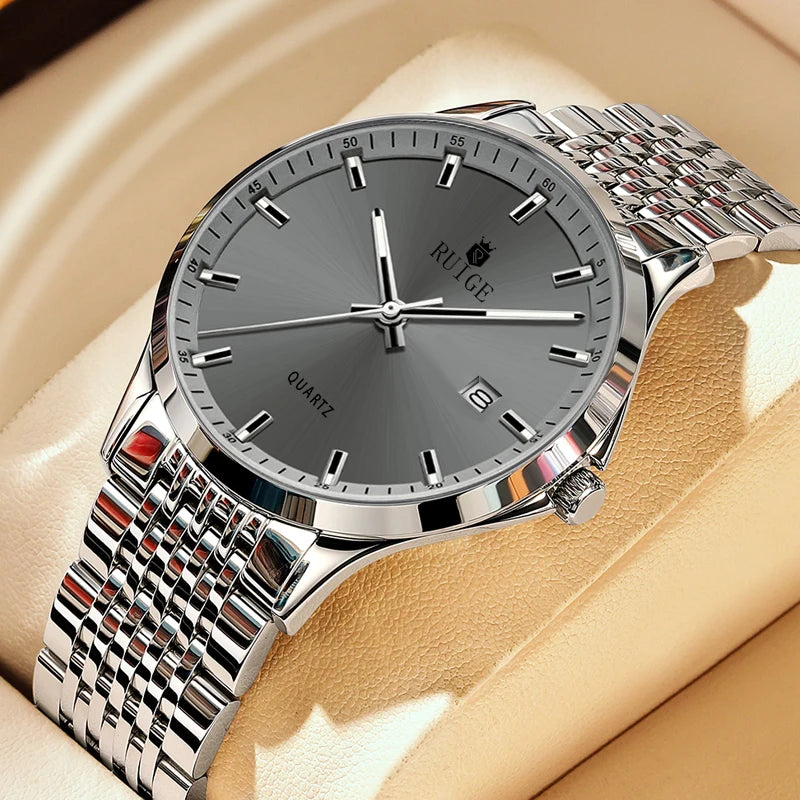 RUIGE Business Men'S Quartz Watch Stainless Steel Calendar Men'S Night Light Waterproof Fashion Versatile Watch B2-2