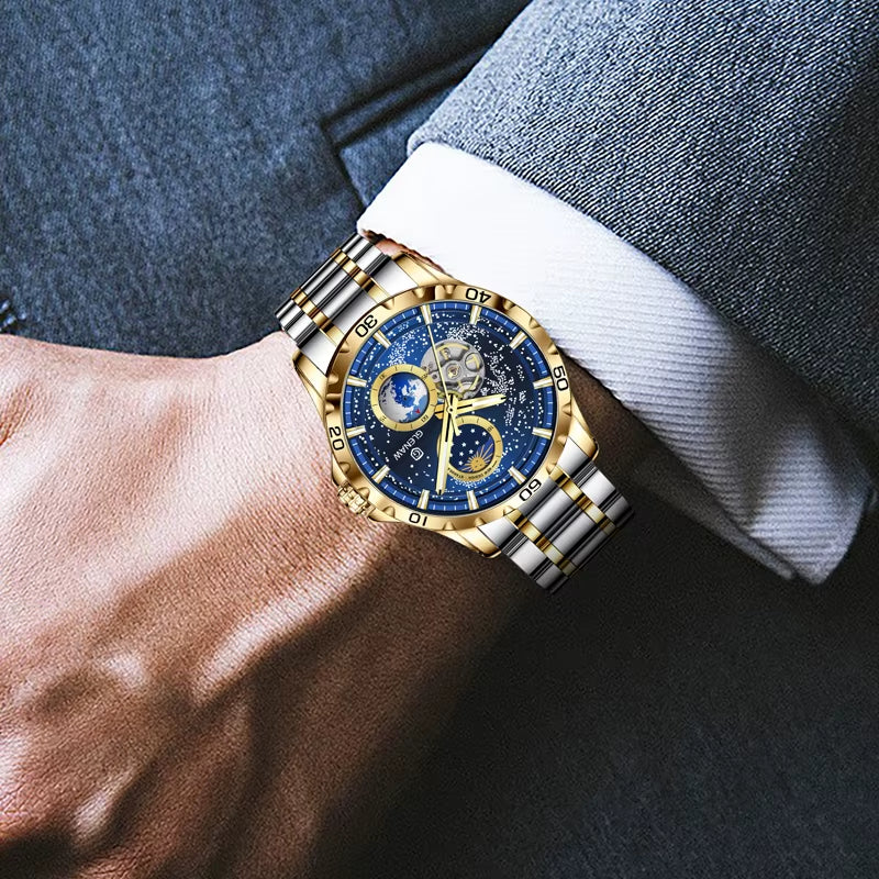 New Men'S Automatic Watches Skeleton Starry Sky Moon Phase Luminous Waterproof Stainless Steel Mechanical Watch for Men