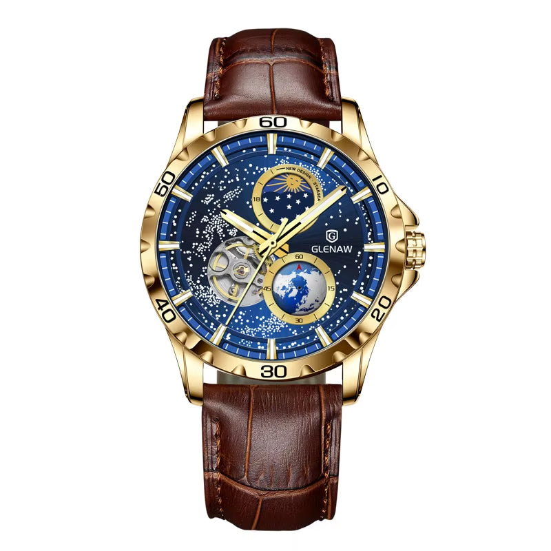 New Men'S Automatic Watches Skeleton Starry Sky Moon Phase Luminous Waterproof Stainless Steel Mechanical Watch for Men