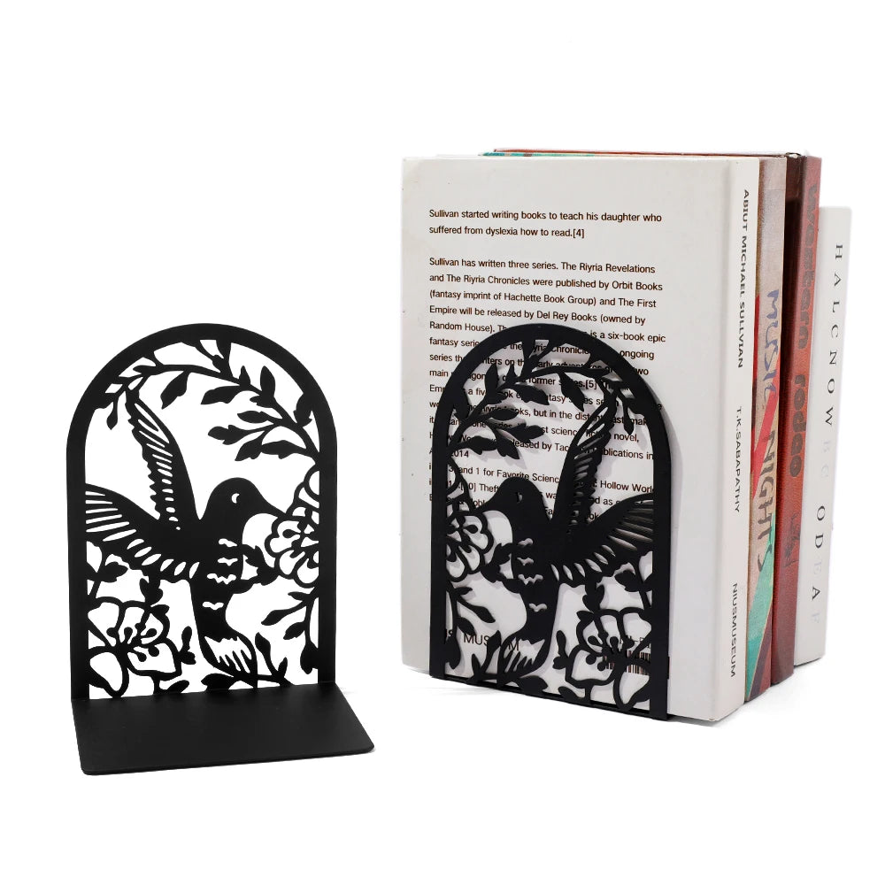 Creative Black Metal Book Stand - Arched with Animal and Floral Outlines (Dog, Cat, Hummingbird), Sturdy Desktop Organizer.