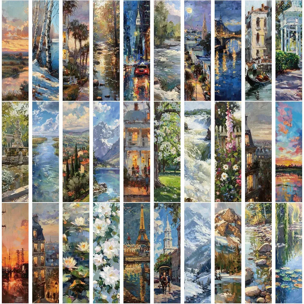30/60PCS Oil Painting Landscape High Beauty Creative Bookmarks Ins Style Niche Novels Calligraphy and Painting Books Label Cards