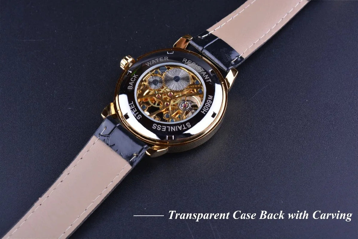 3D Logo Design Hollow Engraving Black Golden Case Leather Skeleton Mechanical Watches Men Luxury Brand Heren Horloge
