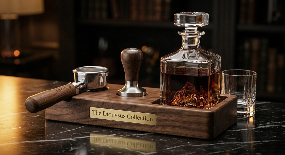 Luxury wooden bar set with glass decanter, whiskey glass, coffee tamper, and portafilter.