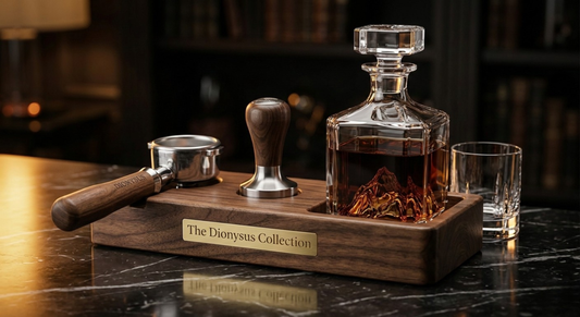 Luxury wooden bar set with glass decanter, whiskey glass, coffee tamper, and portafilter.
