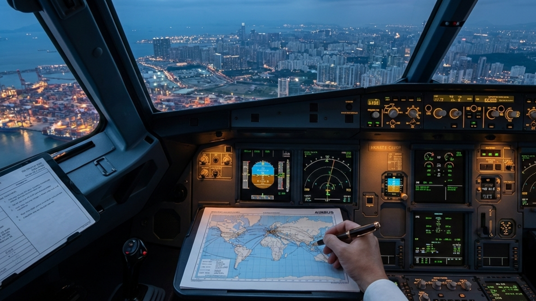 Airplane cockpit view at dusk with city lights, pilot mapping supply chain flight path on world map