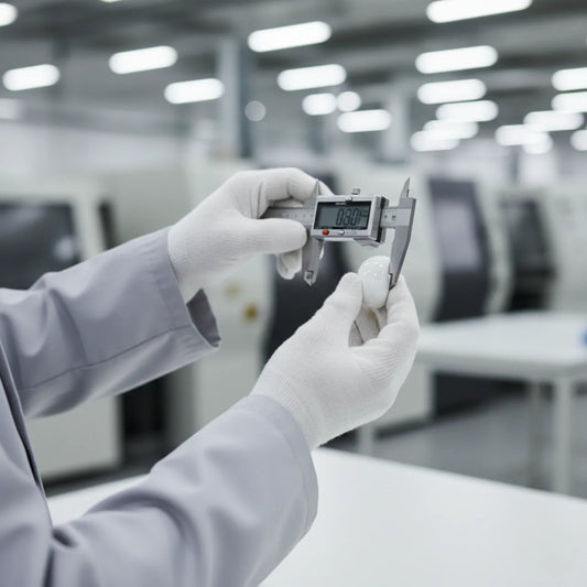 Technician measuring object with digital caliper in modern manufacturing facility