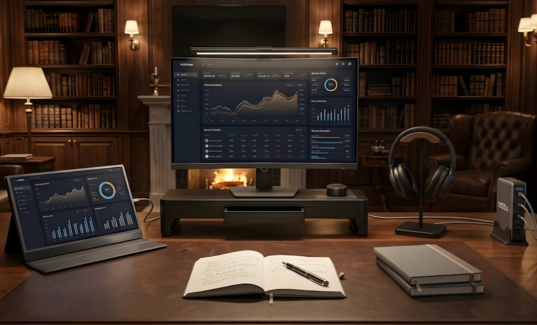 Modern home office with computer monitors displaying analytics dashboards, bookshelves, and cozy lighting
