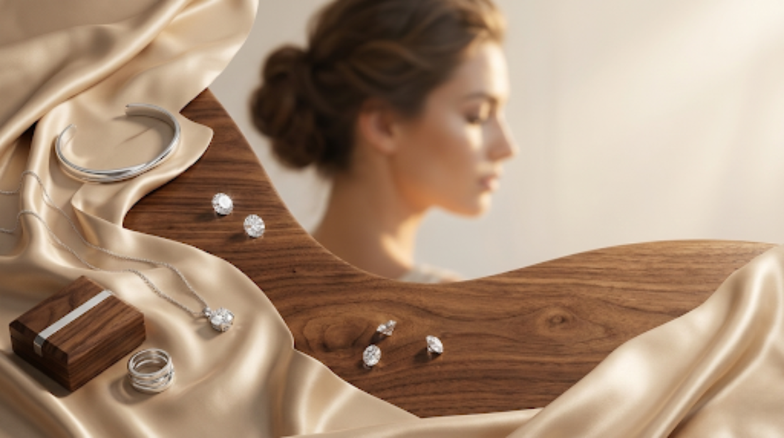 Elegant silver jewelry set with necklace, rings, and earrings on satin and wood, with woman in background