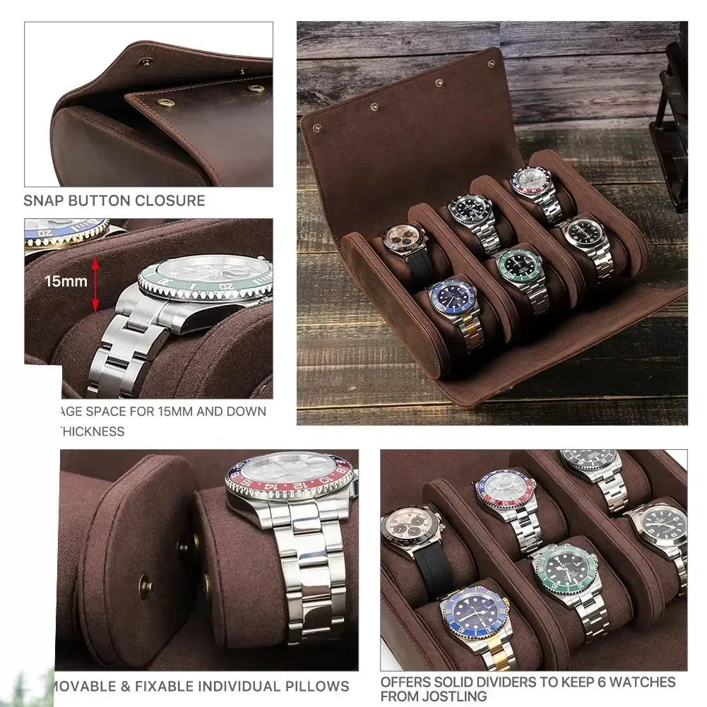 6 Watches Genuine Leather Watch Storage Display Case Watch Boxes Organizer Holder Men Clocks Roll Pouch Exquisite Jewelry Box