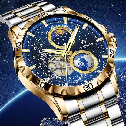 New Men'S Automatic Watches Skeleton Starry Sky Moon Phase Luminous Waterproof Stainless Steel Mechanical Watch for Men