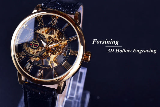 3D Logo Design Hollow Engraving Black Golden Case Leather Skeleton Mechanical Watches Men Luxury Brand Heren Horloge