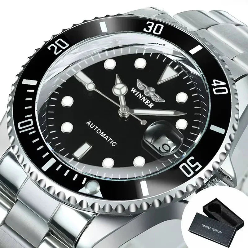 WINNER Classic Mechanical Watches Luxury Brand Business Automatic Watch for Men Rotatable Bezel Luminous Dial Steel Strap Clock