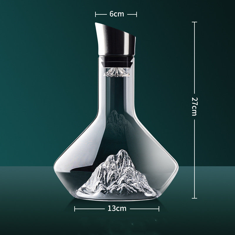 Glass wine decanter with mountain-shaped base, stainless steel spout, 27cm tall, 13cm wide