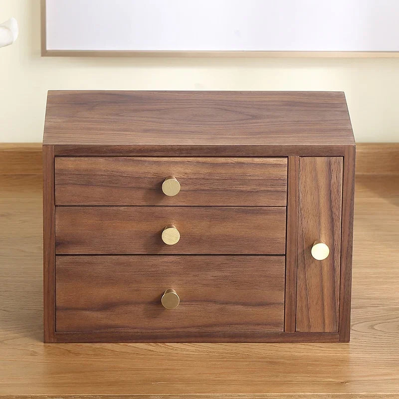 Wooden desktop organizer with three drawers and side cabinet, gold handles, modern design
